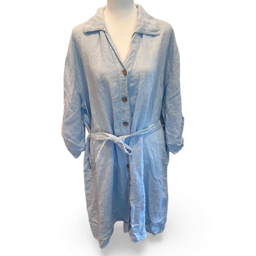 Saga Linen Shirt Dress Collared Belted‎ Made in Italy One Size Light Blue Travel
